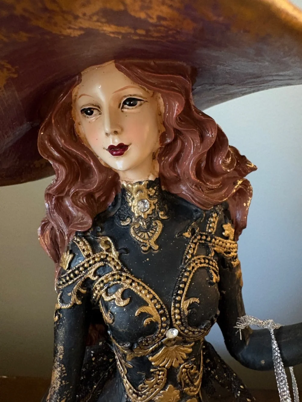 Bella Lux Halloween Witch Figurine Statue Black Gold Damask Dress Cauldron Broom